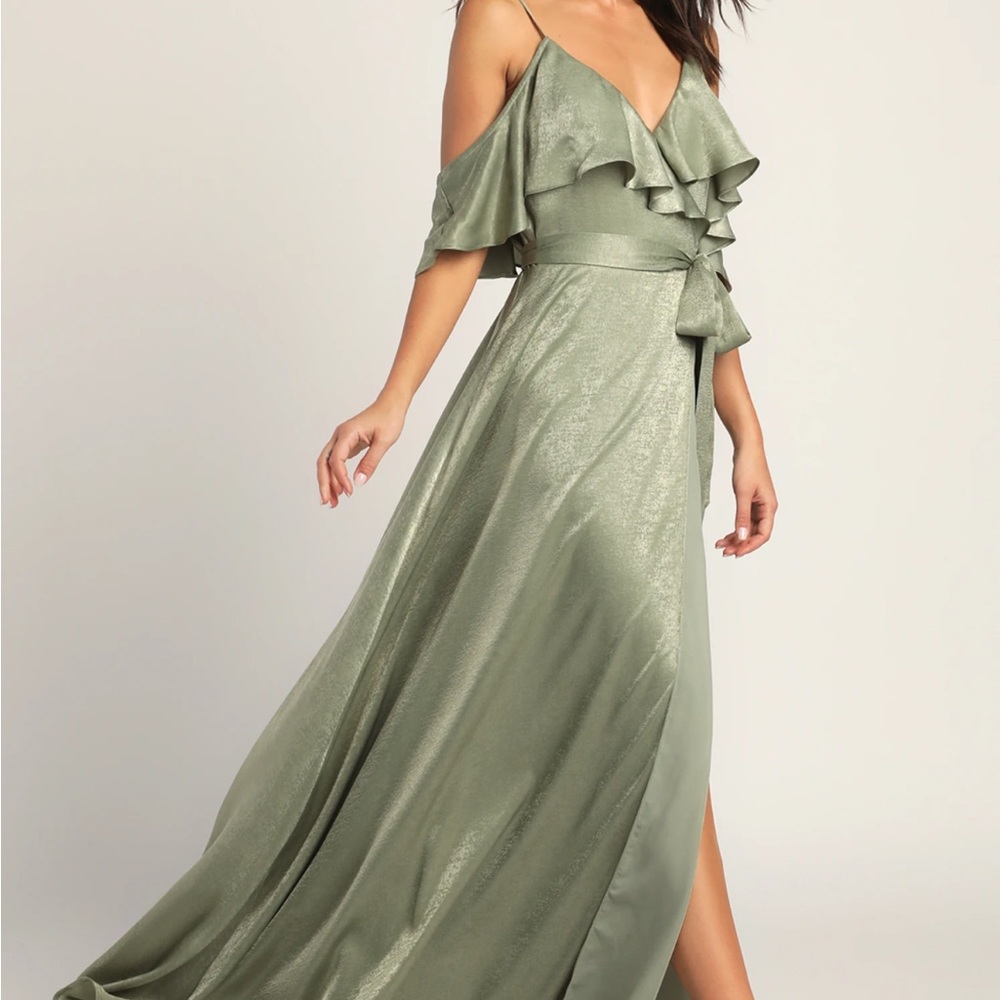 NWT Lulu’s Moriah Sage Green Satin Wrap Maxi Dress